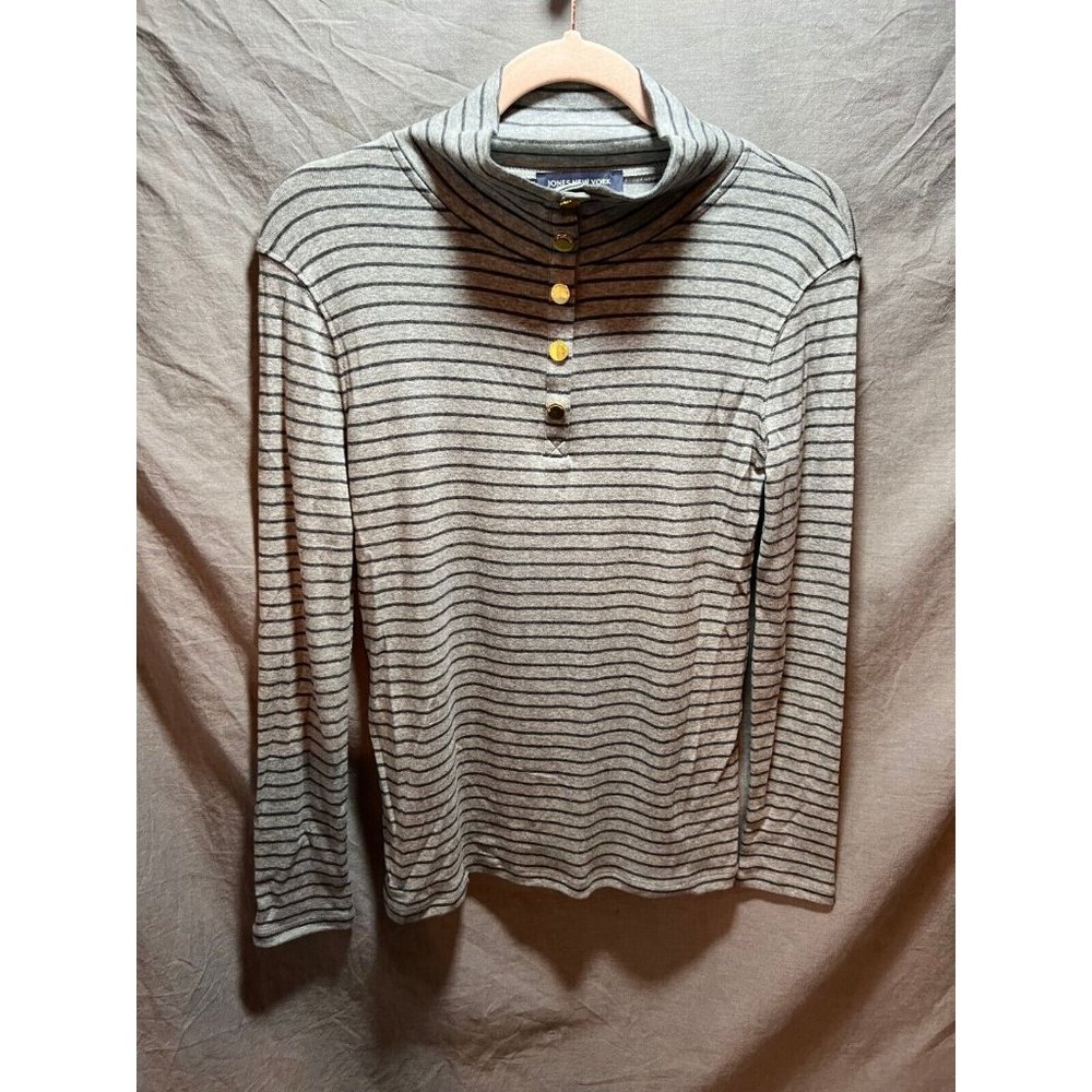 Jones New York Button Shirt Women PS Gray Striped Long Sleeve Button Ladies.